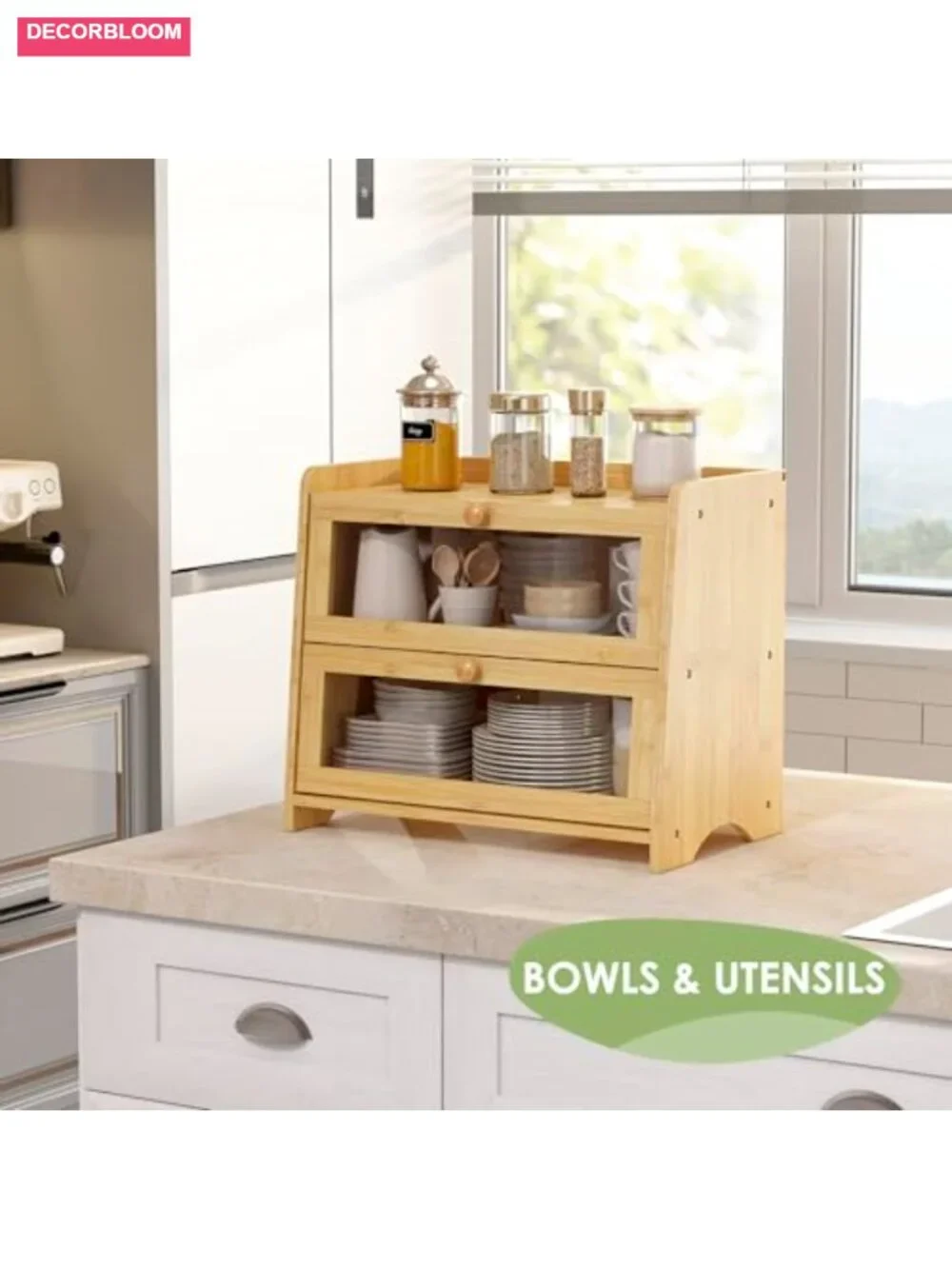 Double Layer Bamboo Bread Box with Acrylic Window for Kitchen Counter